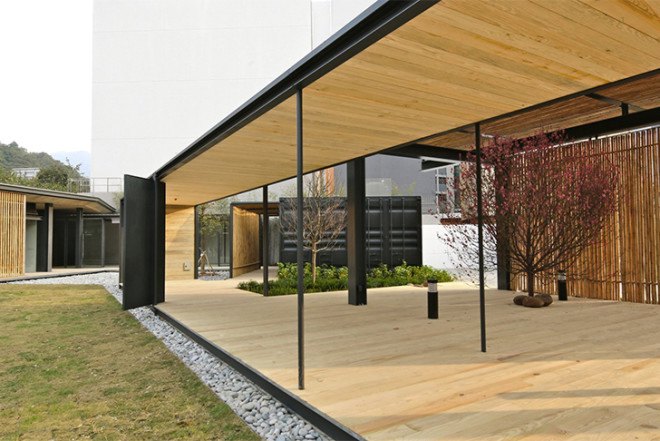 Hong Kong, Architectural Services Department, contemporary Chinese-style, Community Green Station, Sha Tin, bamboo screens, recycled shipping containers, open courtyards, prefab architecture, modular architecture