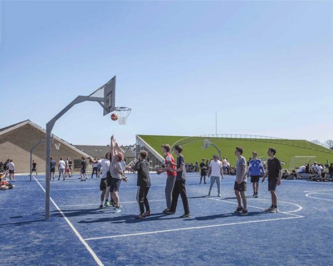 bjarke ingels, bjarke ingels group, big, copenhagen, high school architecture, school architecture, sports complex, underground sports center, sloping football field, green spaces in architecture, schools with green spaces