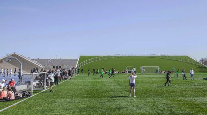 bjarke ingels, bjarke ingels group, big, copenhagen, high school architecture, school architecture, sports complex, underground sports center, sloping football field, green spaces in architecture, schools with green spaces