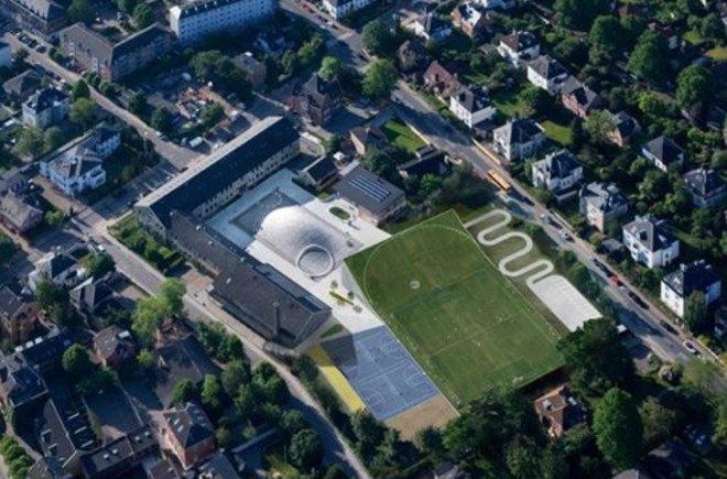 bjarke ingels, bjarke ingels group, big, copenhagen, high school architecture, school architecture, sports complex, underground sports center, sloping football field, green spaces in architecture, schools with green spaces