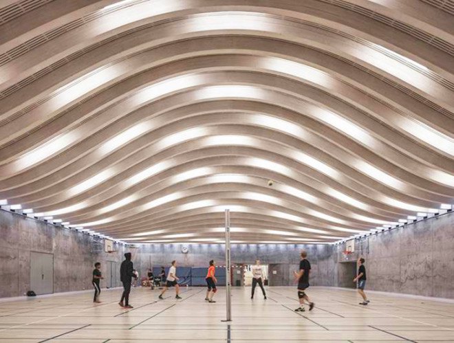 bjarke ingels, bjarke ingels group, big, copenhagen, high school architecture, school architecture, sports complex, underground sports center, sloping football field, green spaces in architecture, schools with green spaces