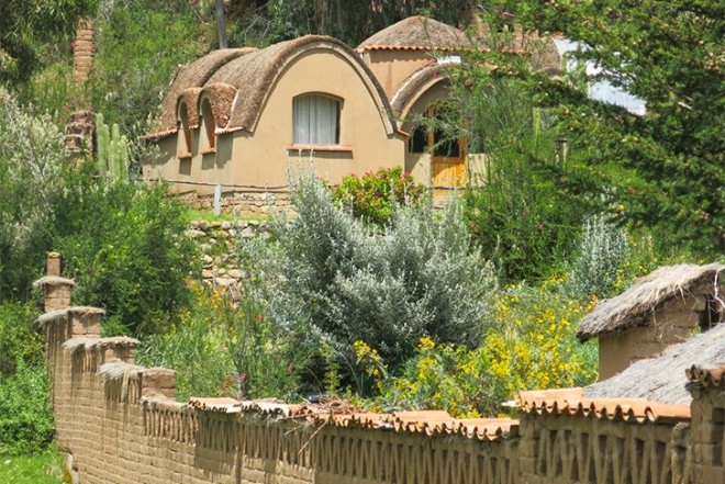 Ecolodge del Lago, Copacabana, Lake Titikaka, Adobe house, Lak'a Uta Architecture, Bolivia, vegetable garden, stepped terrace, green wall, solar water heater, stone sculptures