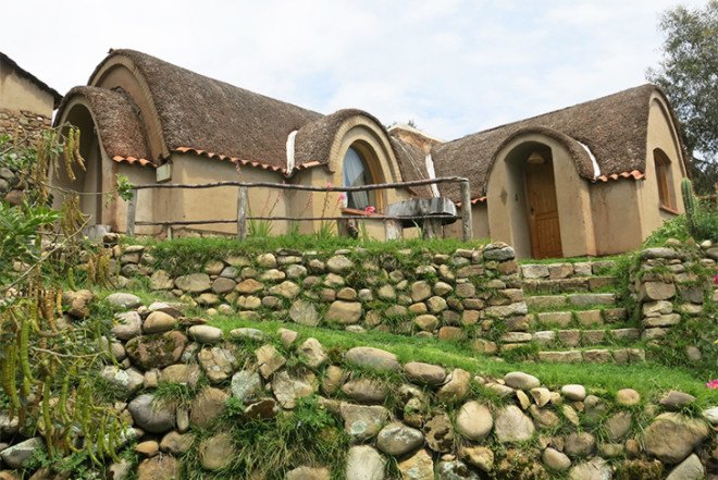 Ecolodge del Lago, Copacabana, Lake Titikaka, Adobe house, Lak'a Uta Architecture, Bolivia, vegetable garden, stepped terrace, green wall, solar water heater, stone sculptures