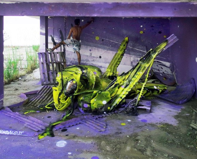 Bordalo II, trash animal sculptures, recycled art, urban art, animal street art, new art technique, trash collage, Portugal, Lisbon,