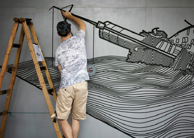 buff diss, tape art, street art, colored tape, mural, Australian artist