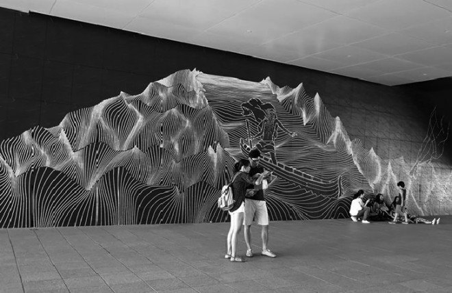 buff diss, tape art, street art, colored tape, mural, Australian artist