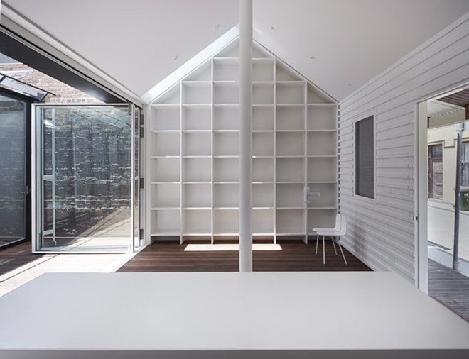 green house, Sean Godsell Architects, melbourne, australia, green renovation, automated sunscreen, aluminum screens, metal screens, aluminium, timber cottage, natural light , skylights, cathedral ceiling, inner courtyard