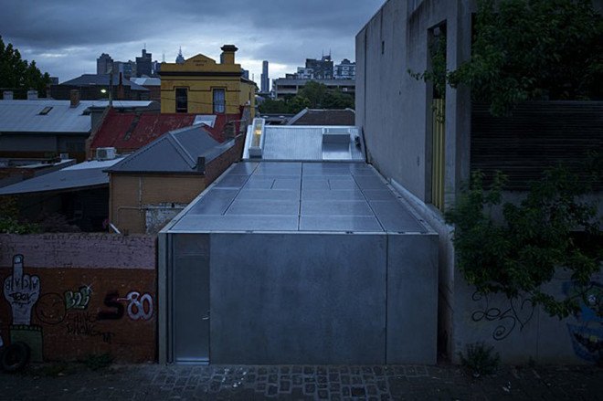 green house, Sean Godsell Architects, melbourne, australia, green renovation, automated sunscreen, aluminum screens, metal screens, aluminium, timber cottage, natural light , skylights, cathedral ceiling, inner courtyard