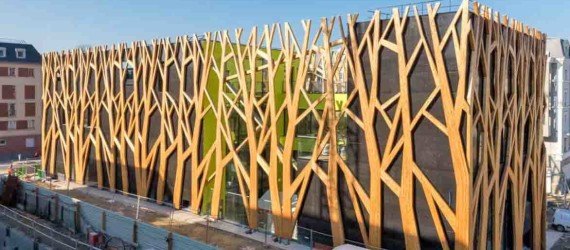 green design, eco design, sustainable design , Laraqui Bringer Architecture, Chaville France, Timber clad facade, lace like latticework, cultural center