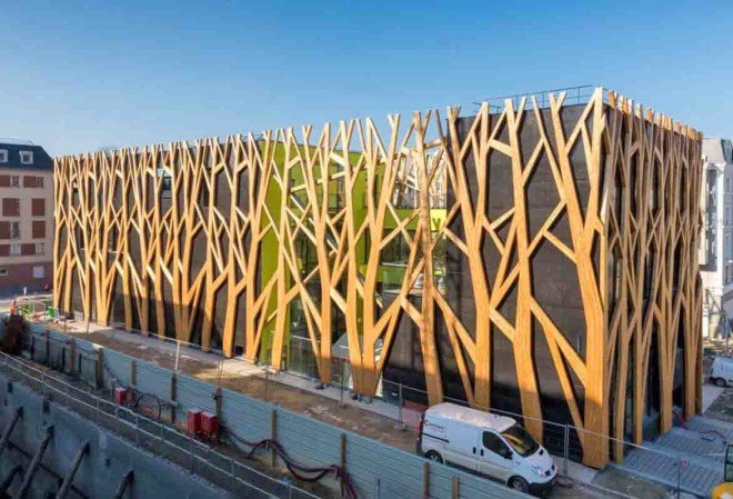 green design, eco design, sustainable design , Laraqui Bringer Architecture, Chaville France, Timber clad facade, lace like latticework, cultural center