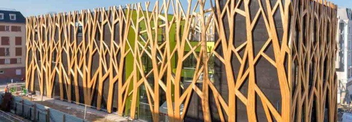 green design, eco design, sustainable design , Laraqui Bringer Architecture, Chaville France, Timber clad facade, lace like latticework, cultural center