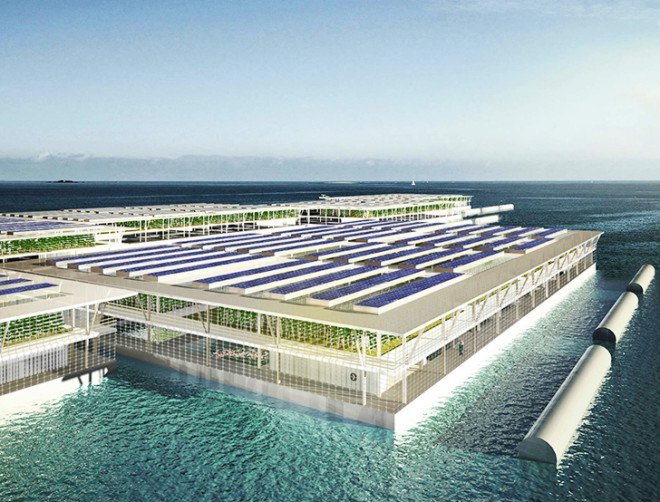 Smart floating farms, hydroponics, Forward thinking architecture, aquaculture, solar energy, modules, modular architecture, floating farms, solar powered farm, alternative farming, food security,