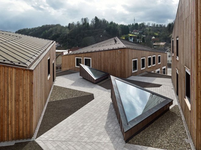 Barkow Leibinger, passive energy rating, Waischenfeld, Fraunhofer Institute for Integrated Circuits IIS, Fraunhofer Research Campus by Barkow Leibinger, standing seam copper, larch, patina, energy efficient, timber truss work, post and beam