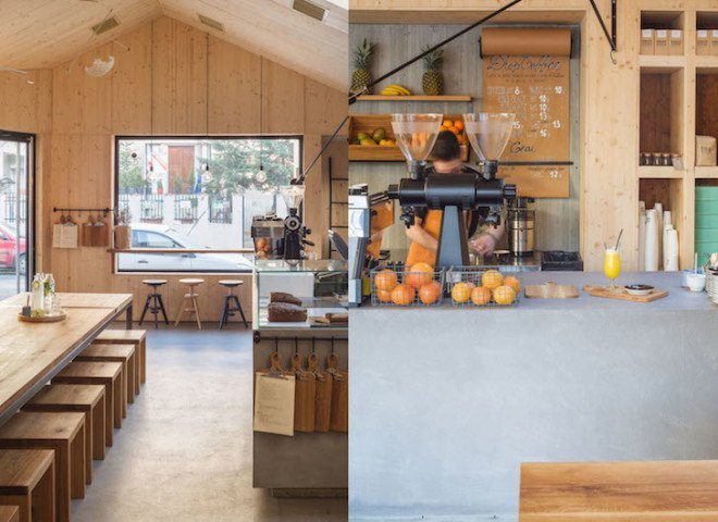 Frudisiac, Bucharest, metal clad cabin, cafe in a cabin, Not a Number Architects, contemporary cafe, spruce panels, spruce, natural light, skylights,