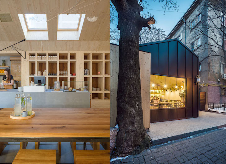 Frudisiac, Bucharest, metal clad cabin, cafe in a cabin, Not a Number Architects, contemporary cafe, spruce panels, spruce, natural light, skylights,