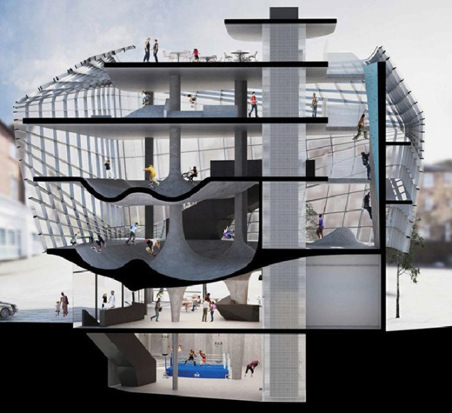 guy hollaway architect, multi story skatepark, english architecture, folkestone sports centre, kent england, skateparks