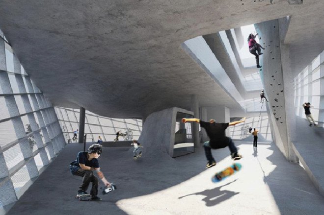 guy hollaway architect, multi story skatepark, english architecture, folkestone sports centre, kent england, skateparks