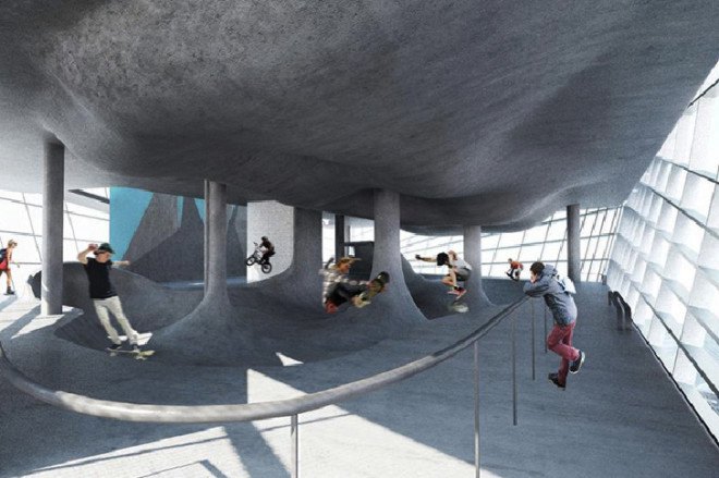 guy hollaway architect, multi story skatepark, english architecture, folkestone sports centre, kent england, skateparks