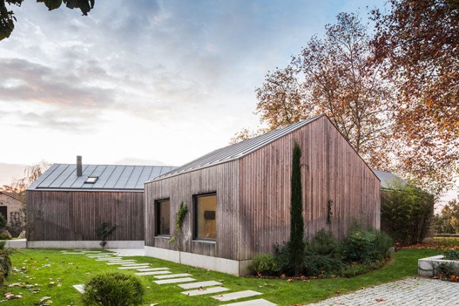 PROD Arquitectura, Portugal, House of Four Houses, green architecture, pitched roof, vernacular architecture, natural light, mezzanine, deck terrace, mobile partitions, glass-to-ceiling windows