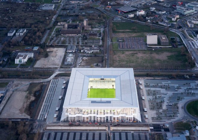 Herzog & de Meuron, Bordeaux Stadium, green stadium, solar-powered stadium, solar power, energy-efficient stadium, France, Michel Desvigne, landscape architecture, playgrounds, Euro 2016 football championship