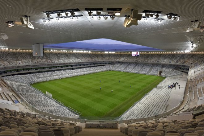 Herzog & de Meuron, Bordeaux Stadium, green stadium, solar-powered stadium, solar power, energy-efficient stadium, France, Michel Desvigne, landscape architecture, playgrounds, Euro 2016 football championship