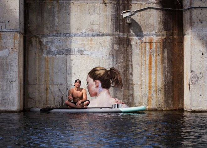 hula, hawaii street art, waterway murals, sean yoro, water murals, realistic portraits, street art, hawaii
