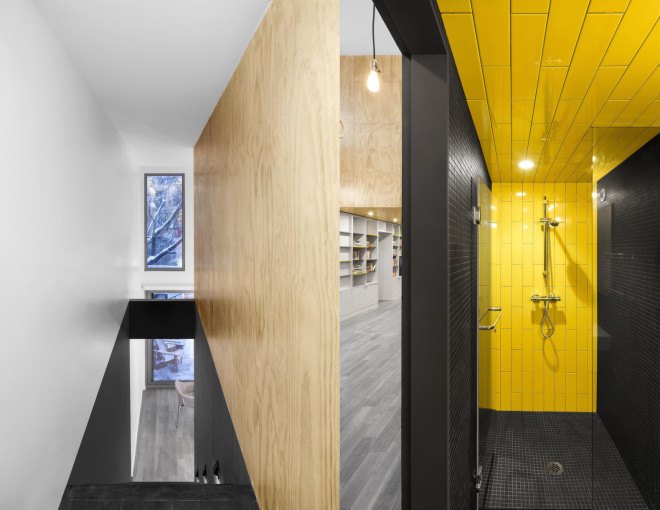Naturehumaine, In Suspension by Naturehumaine, In Suspension, plywood, unfinished plywood, gymnastic rings, exercise room, house renovation, home renovation, Montreal,