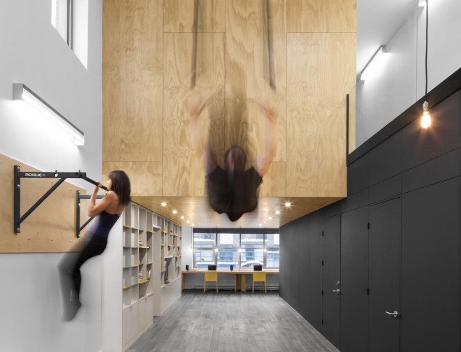 Naturehumaine, In Suspension by Naturehumaine, In Suspension, plywood, unfinished plywood, gymnastic rings, exercise room, house renovation, home renovation, Montreal,