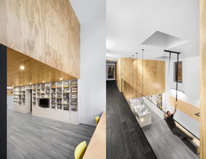 Naturehumaine, In Suspension by Naturehumaine, In Suspension, plywood, unfinished plywood, gymnastic rings, exercise room, house renovation, home renovation, Montreal,