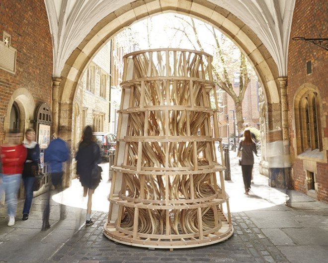 Sebastian Cox, Laura Ellen Bacon, wooden sculpture, temporary installation, carbon emissions, Clerkenwell Design Week, London, green design, eco-friendly art, art installation