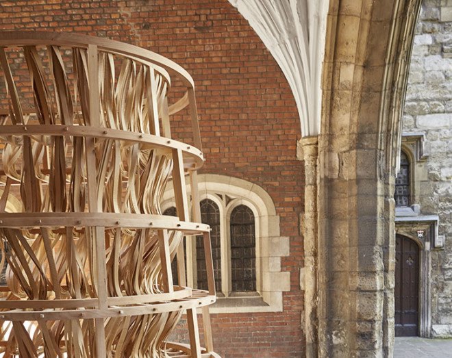 Sebastian Cox, Laura Ellen Bacon, wooden sculpture, temporary installation, carbon emissions, Clerkenwell Design Week, London, green design, eco-friendly art, art installation