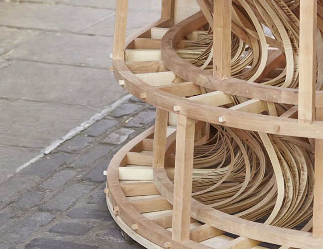 Sebastian Cox, Laura Ellen Bacon, wooden sculpture, temporary installation, carbon emissions, Clerkenwell Design Week, London, green design, eco-friendly art, art installation