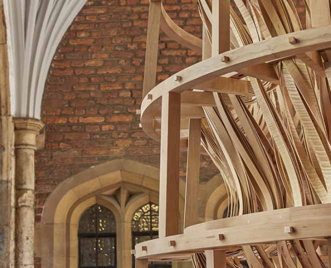 Sebastian Cox, Laura Ellen Bacon, wooden sculpture, temporary installation, carbon emissions, Clerkenwell Design Week, London, green design, eco-friendly art, art installation