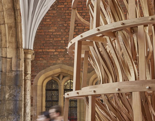 Sebastian Cox, Laura Ellen Bacon, wooden sculpture, temporary installation, carbon emissions, Clerkenwell Design Week, London, green design, eco-friendly art, art installation