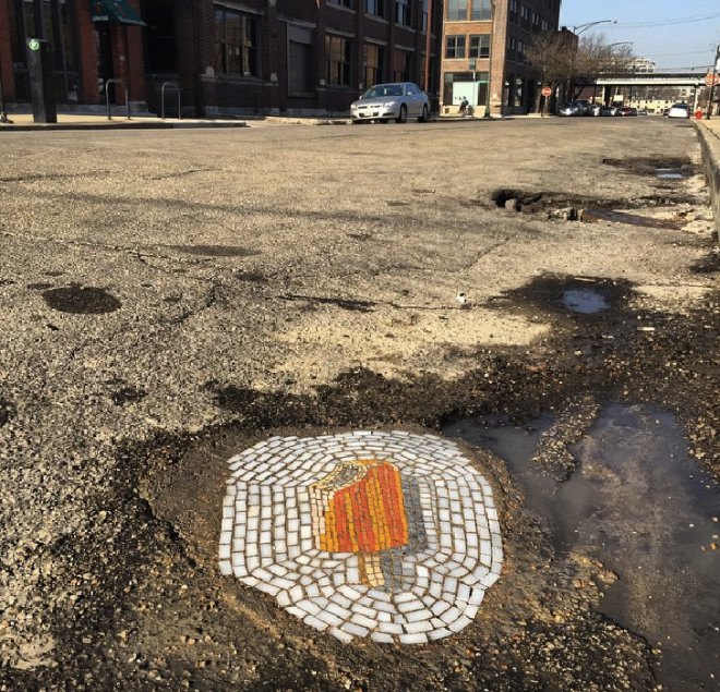 jim bachor, ice cream mosaic, pothole mosaic, pothole street art, street art, guerrilla street art, wanksy, potholes