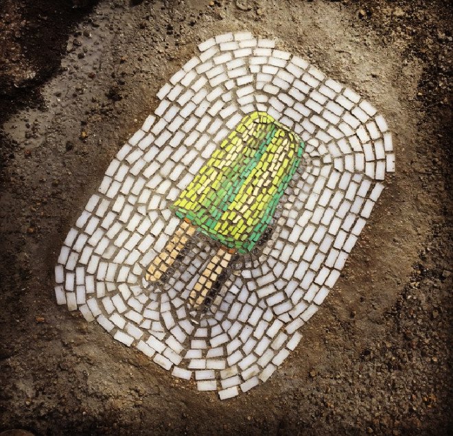 jim bachor, ice cream mosaic, pothole mosaic, pothole street art, street art, guerrilla street art, wanksy, potholes