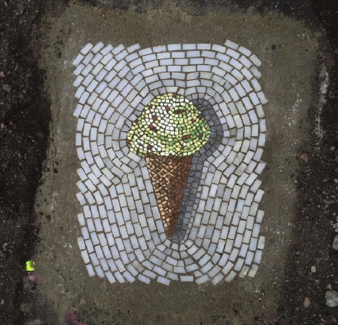 jim bachor, ice cream mosaic, pothole mosaic, pothole street art, street art, guerrilla street art, wanksy, potholes