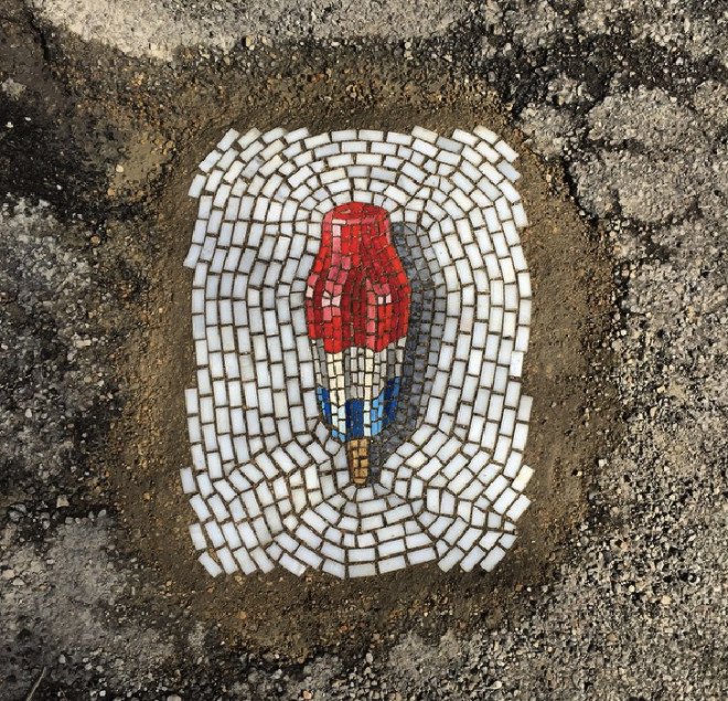 jim bachor, ice cream mosaic, pothole mosaic, pothole street art, street art, guerrilla street art, wanksy, potholes