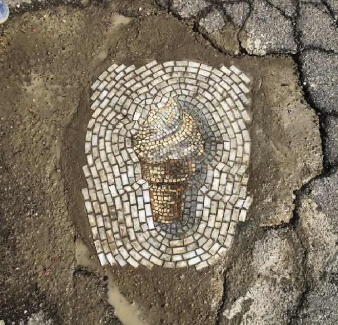 jim bachor, ice cream mosaic, pothole mosaic, pothole street art, street art, guerrilla street art, wanksy, potholes