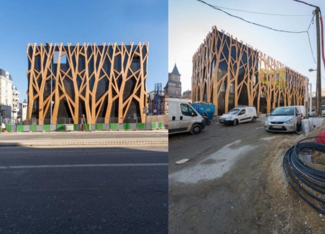 green design, eco design, sustainable design , Laraqui Bringer Architecture, Chaville France, Timber clad facade, lace like latticework, cultural center