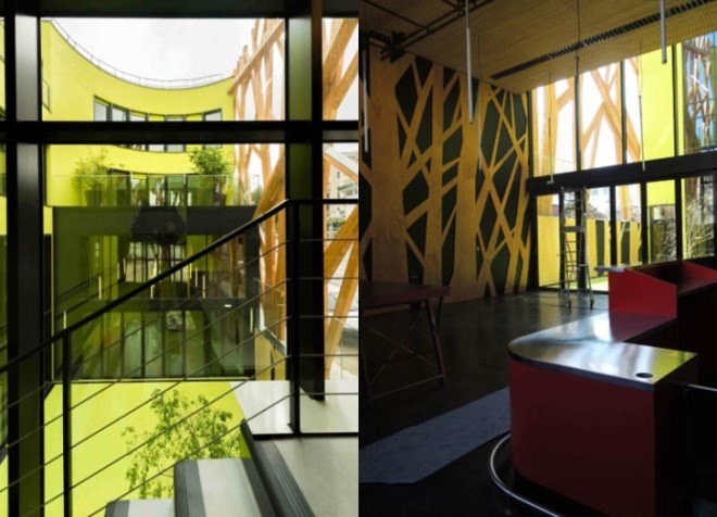 green design, eco design, sustainable design , Laraqui Bringer Architecture, Chaville France, Timber clad facade, lace like latticework, cultural center