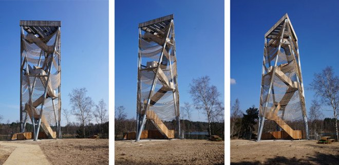 Ateliereen Architects, oservation tower, viewing tower, Dutch architects, Belgium, wooden structure, natural materials, MaMu Architects, tower, sand dunes, nature reserve