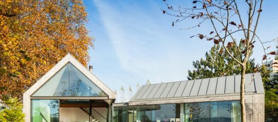 PROD Arquitectura, Portugal, House of Four Houses, green architecture, pitched roof, vernacular architecture, natural light, mezzanine, deck terrace, mobile partitions, glass-to-ceiling windows