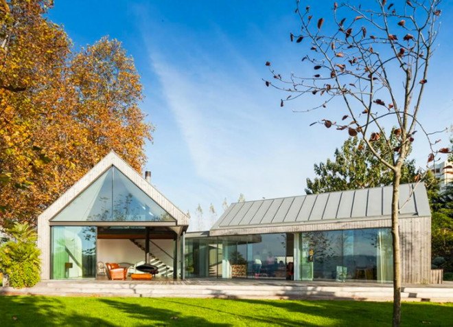 PROD Arquitectura, Portugal, House of Four Houses, green architecture, pitched roof, vernacular architecture, natural light, mezzanine, deck terrace, mobile partitions, glass-to-ceiling windows