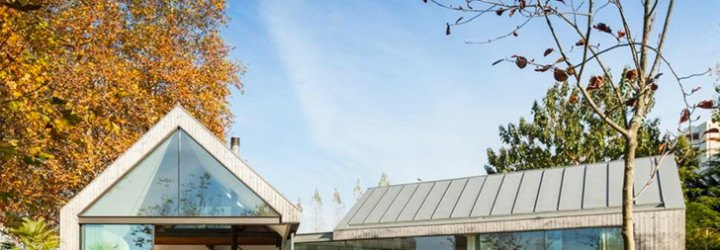 PROD Arquitectura, Portugal, House of Four Houses, green architecture, pitched roof, vernacular architecture, natural light, mezzanine, deck terrace, mobile partitions, glass-to-ceiling windows