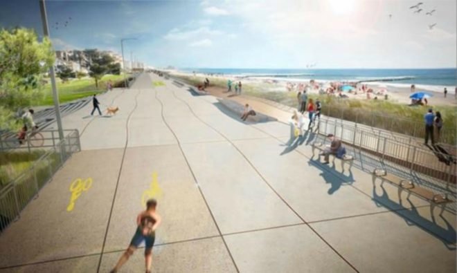 Rockaway Beach Boardwalk, Mayor de Blasio, resilient architecture, resilient design, hurricane sandy damage, climate change, sustainable design, resilient building features, beach resiliency, FEMA funding new york, new york sandy damage, queens, ny beach front, urban design, beach resiliency