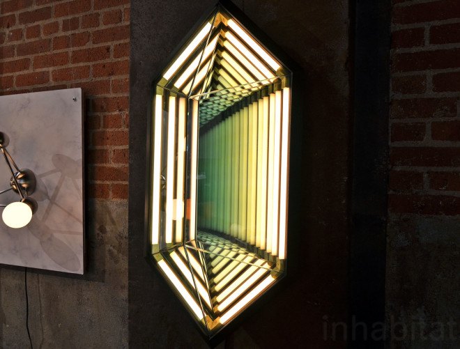 Rosie Li, lighting designer, Brooklyn lighting designer, ICFF, International Contemporary Furniture Fair, NY Design Week, New York Design Week, Rosie Li Studio, hexagonal mirror light, green lighting, artistic lighting, sculptural lighting