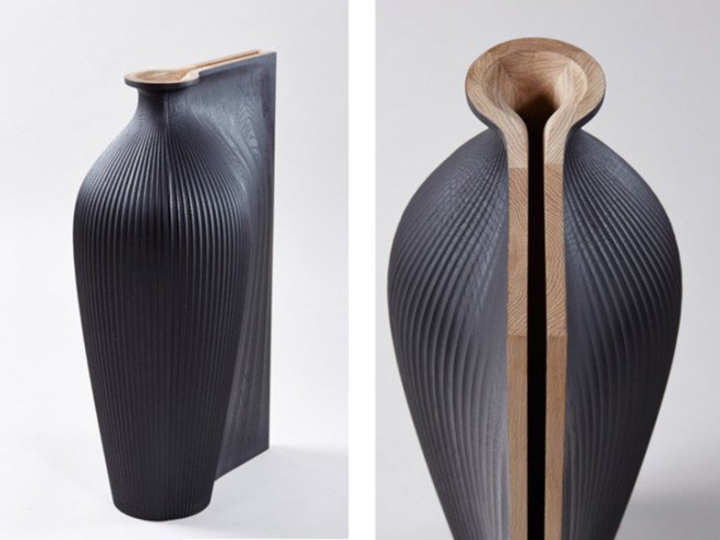 wooden vases, Zaha Hadid design, Gareth Neal, digital fabrication, hand-made design, green technology, wooden design, sculptural design, traditional manufacturing techniques, robot-made design, robotic arm