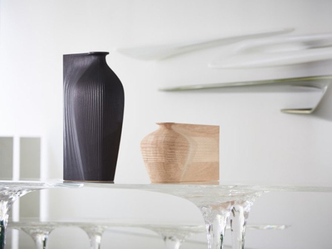 wooden vases, Zaha Hadid design, Gareth Neal, digital fabrication, hand-made design, green technology, wooden design, sculptural design, traditional manufacturing techniques, robot-made design, robotic arm