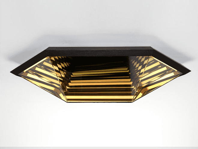 Rosie Li, lighting designer, Brooklyn lighting designer, ICFF, International Contemporary Furniture Fair, NY Design Week, New York Design Week, Rosie Li Studio, hexagonal mirror light, green lighting, artistic lighting, sculptural lighting